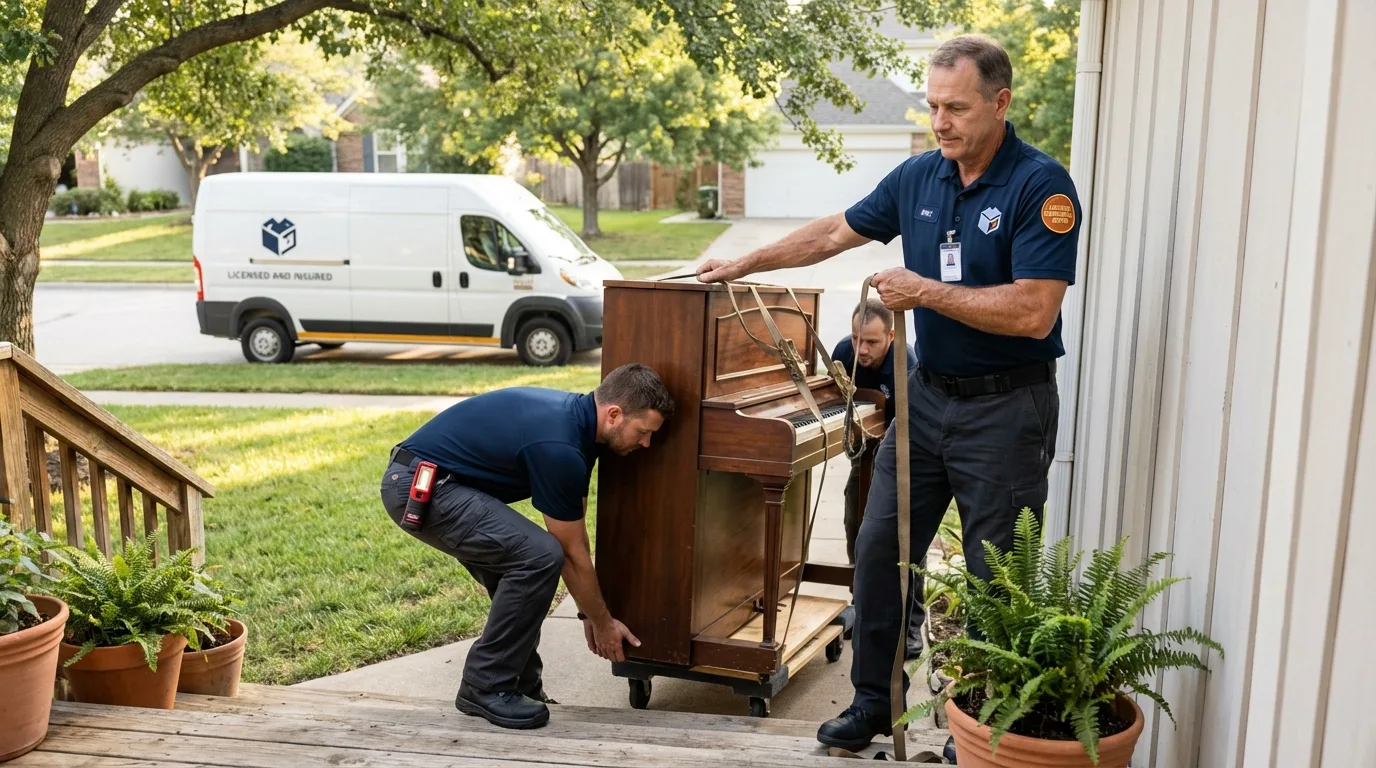 Licensed piano movers securing grand piano in Edgartown, MA