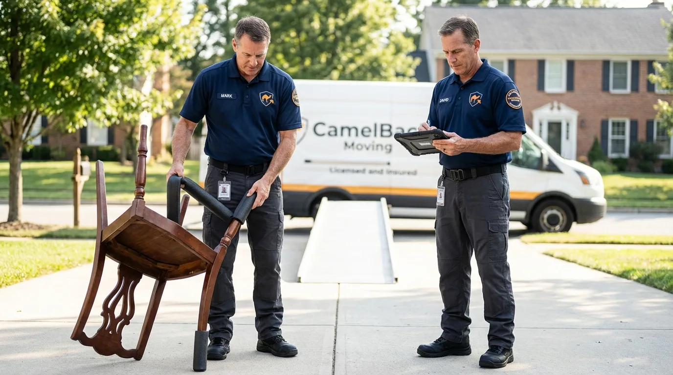 Movers inspecting furniture for damage prevention before loading in Edgartown, MA