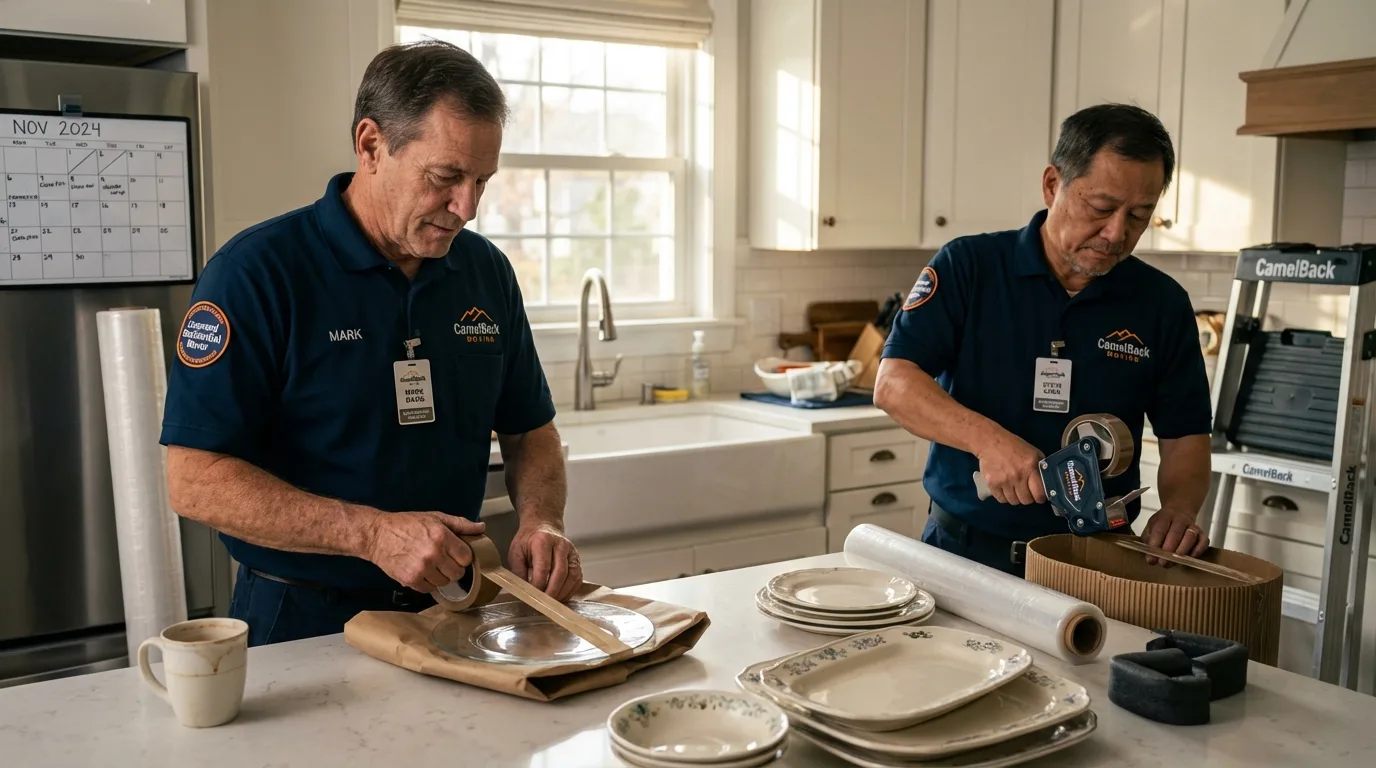 Professional crew packing kitchen dishware in Edgartown, MA